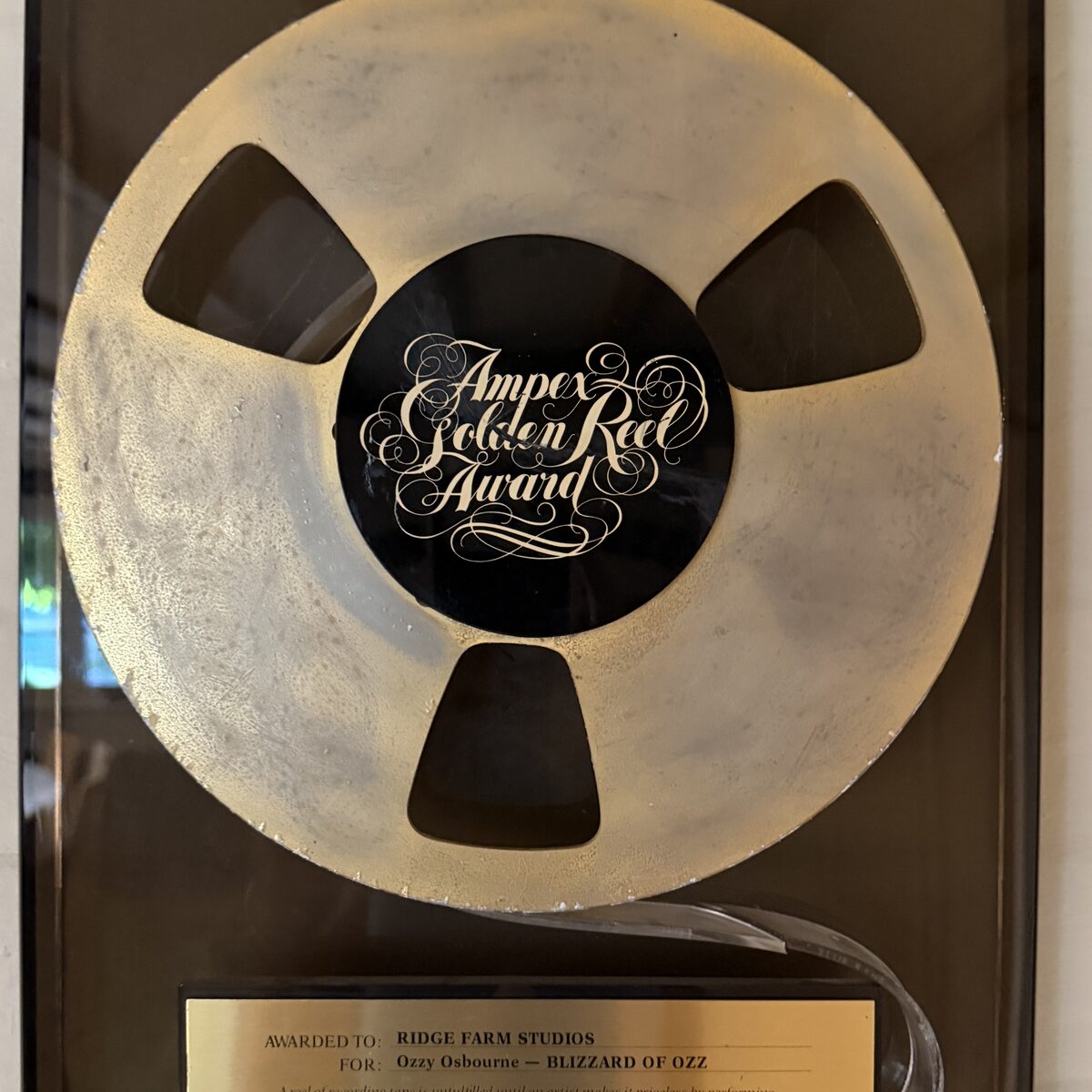 The Ampex Golden Reel award for Ozzy Osbourne's Blizzard Of Ozz, presented to Ridge Farm Studios and hanging in the farmhouse